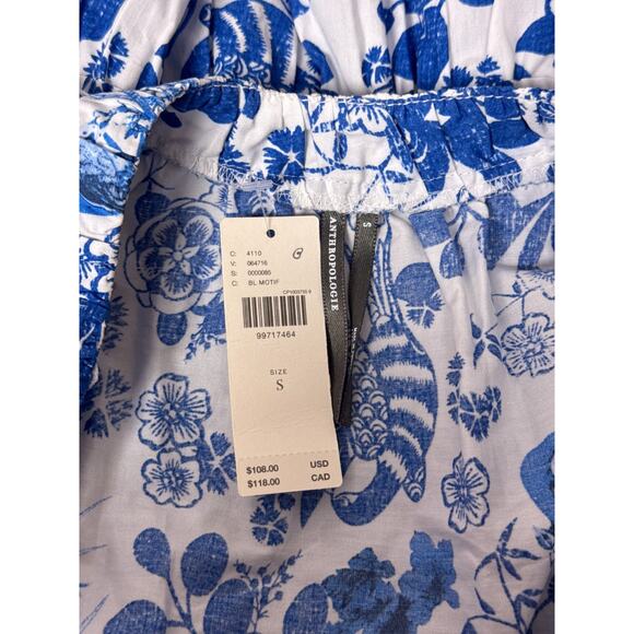 New Anthropologie Top Small Womens Blue Floral Cotton Smocked Peplum Blouse - Picture 7 of 8